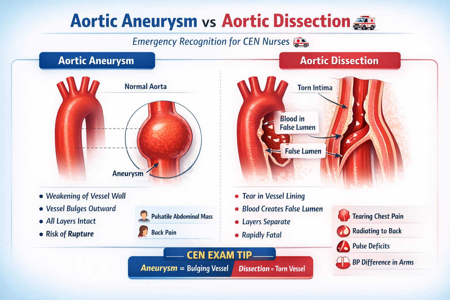 Aortic Aneurysm vs Aortic Dissection comparison diagram for CEN emergency nursing exam preparation