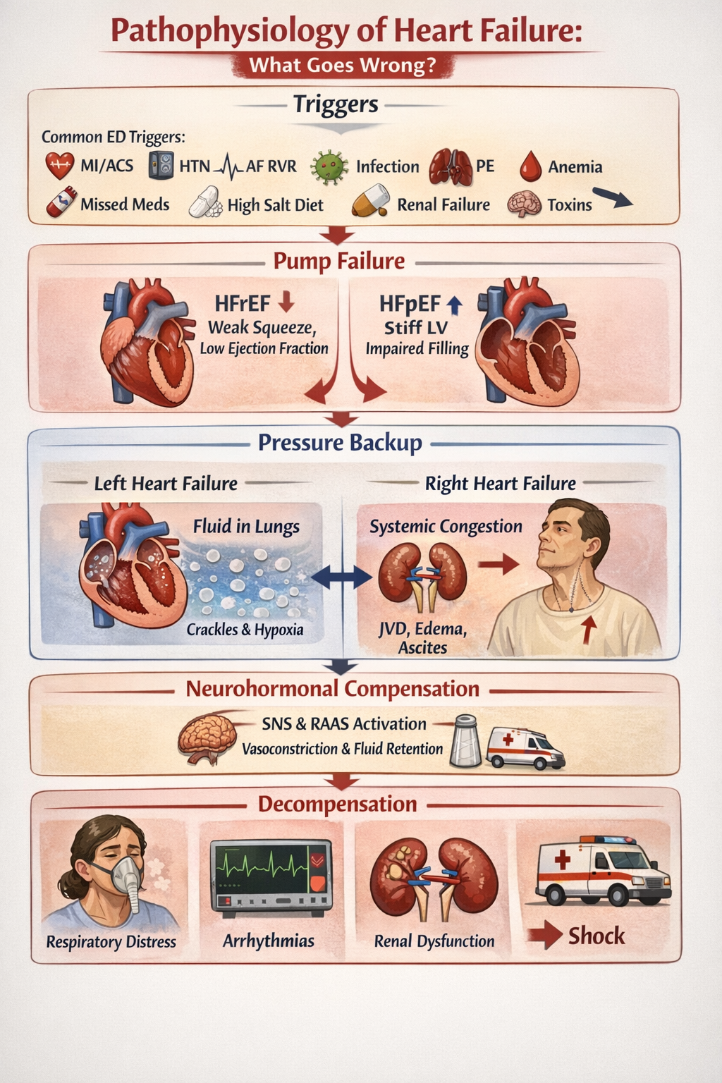Pathophysiology of Heart Failure: what goes wrong—triggers → pump/filling failure (HFrEF/HFpEF) → pressure backup (pulmonary/systemic congestion) → SNS/RAAS fluid retention → decompensation (respiratory distress, arrhythmias, renal dysfunction, shock).